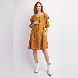 Easel Floral Printed Mustard Dress NWT